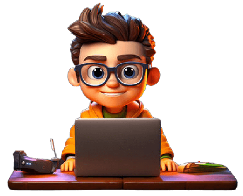 Animated boy with glasses using a laptop, wearing an orange hoodie.