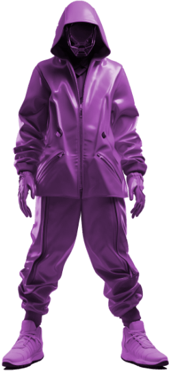 Futuristic figure in a purple suit with a hood and mask