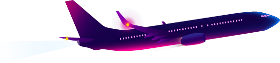 Illustration of an airplane with gradient colors transitioning from pink to blue