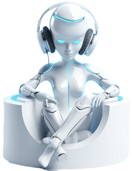 Futuristic AI robot wearing headphones and seated in a modern chair