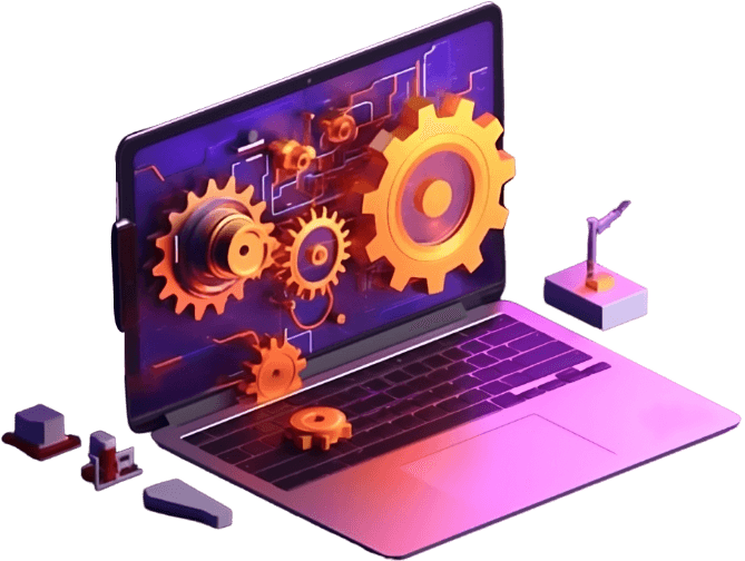 Laptop displaying gears, representing web design creativity